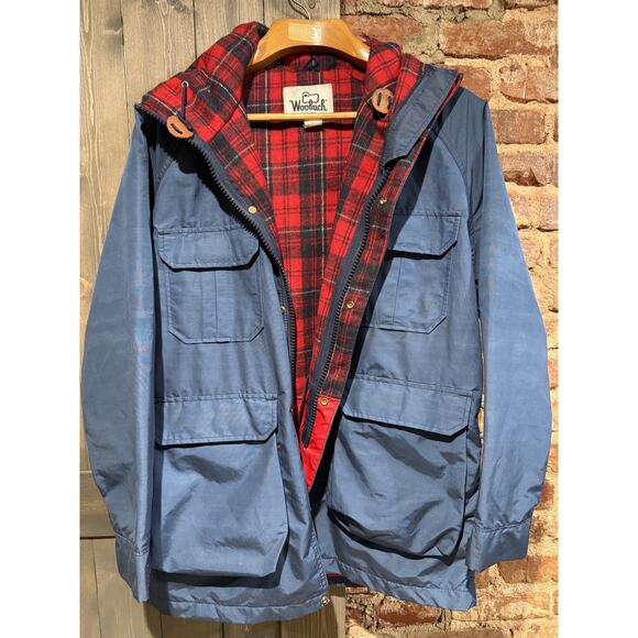 VINTAGE Woolrich Parka Mens L Hooded Wool Blanket lined Gorpcore blue ski alpine - Picture 2 of 12